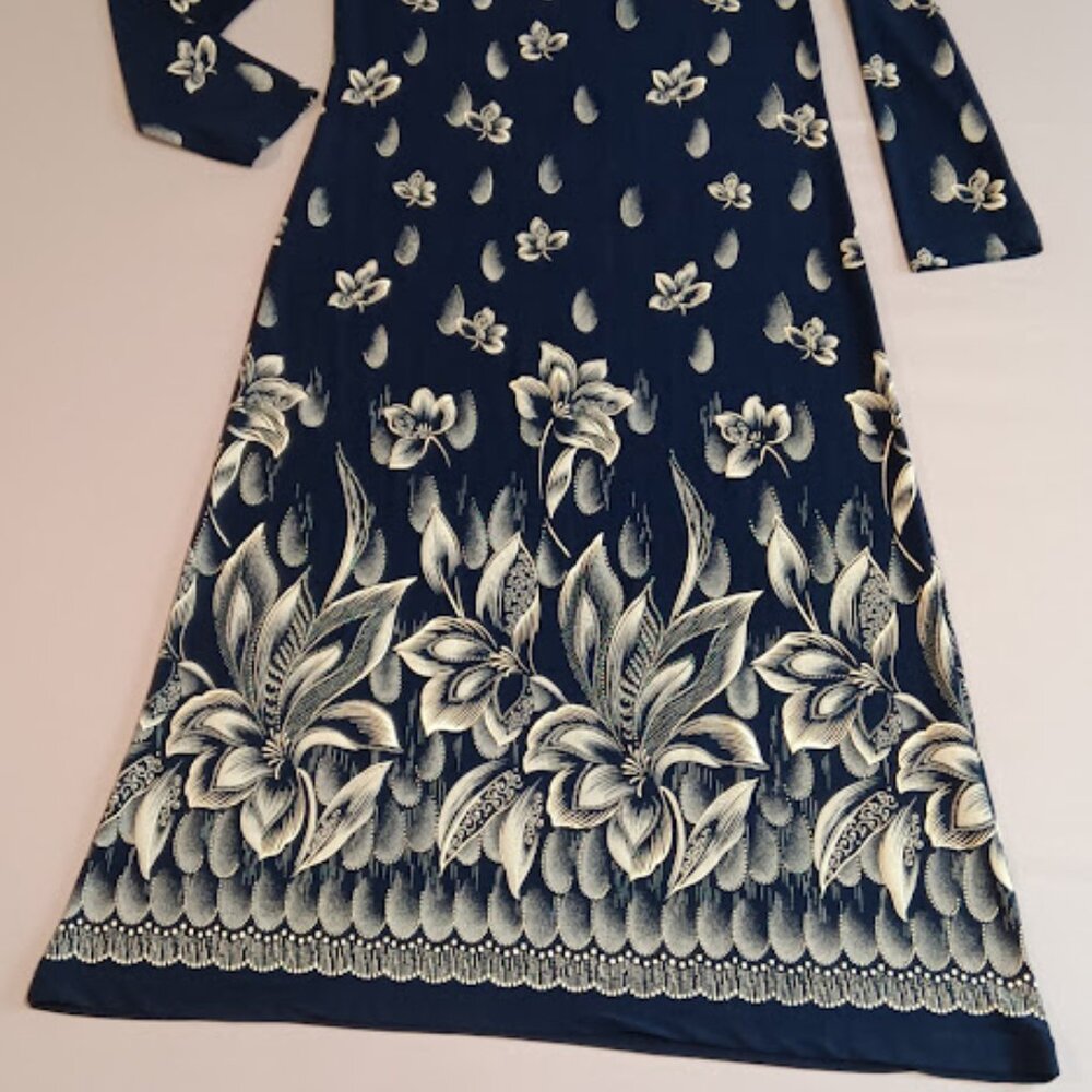 Vintage Superline USA Maxi Dress XL Gold Floral Navy Long Sleeve Elegant Beauty - Picture 13 of 13